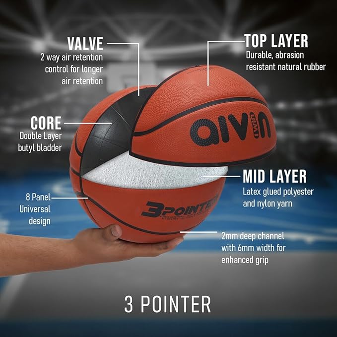 AIVIN 3 Pointer Basketball, Rubberized Moulded Basketball Game, for Match, Training, Outdoor Ball, Durable for Practice, Suitable for All Surface, 8 Panel, Material-Rubber (Red) Size 7