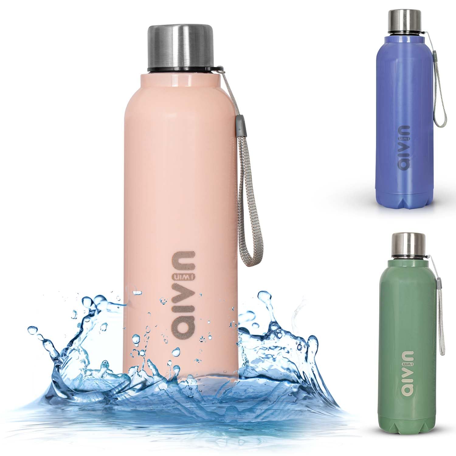 AIVIN Crystal Stainless Steel Water Bottle 750Ml, Water Bottles For Fridge, School,Gym,Home,Office,Boys, Girls, Kids, Leak Proof (Peach Colour, Steel Bottle, Set of 1, 750Ml) (Peach)