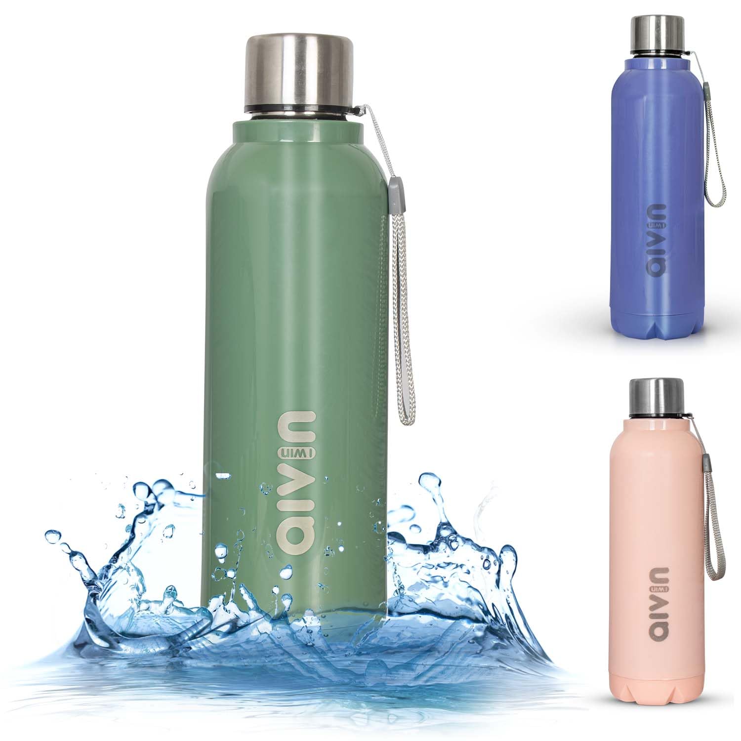 AIVIN Crystal Stainless Steel Water Bottle 750Ml, Water Bottles For Fridge, School,Gym,Home,Office,Boys, Girls, Kids, Leak Proof (Peach Colour, Steel Bottle, Set of 1, 750Ml) (Ocean Green)
