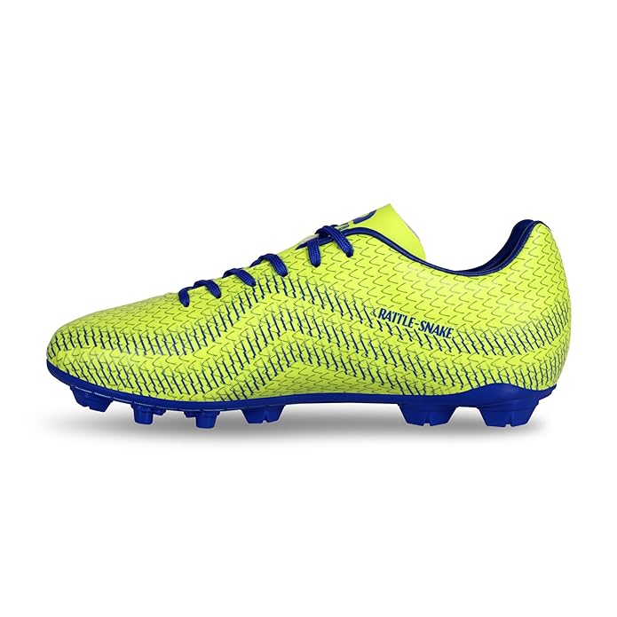 A yellow and blue football shoe with a lace-up closure and rubber studs on the sole - YELLOW