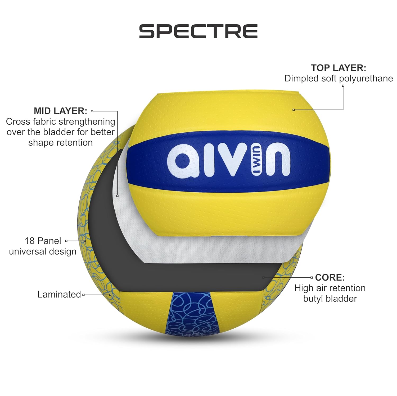 AIVIN Spectre Volleyball,Volleyball Game, for Match Ball, Training Ball, Indoor, Outdoor Ball, Durable for Practice, Waterproof and Suitable for All Surface, 18 Panel, (Yellow) Size-4