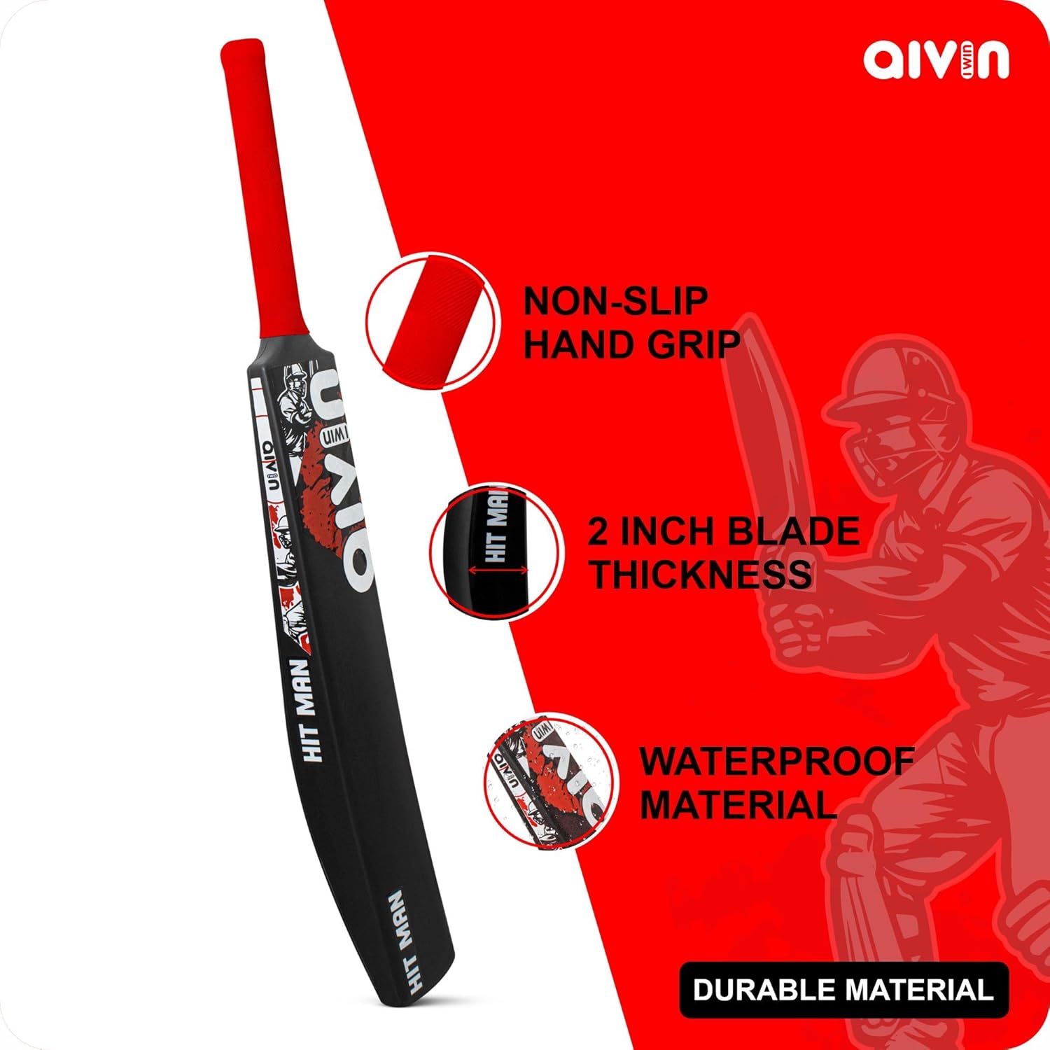 Aivin HIT-MAN Heavy Duty PVCPlastic Cricket Bat, Standrad Size (34” X 4”) Premium Bat for All Age Groups – BoysGirlsAdults Heavy Duty Black Plastic Cricket Bat (BlackRed)