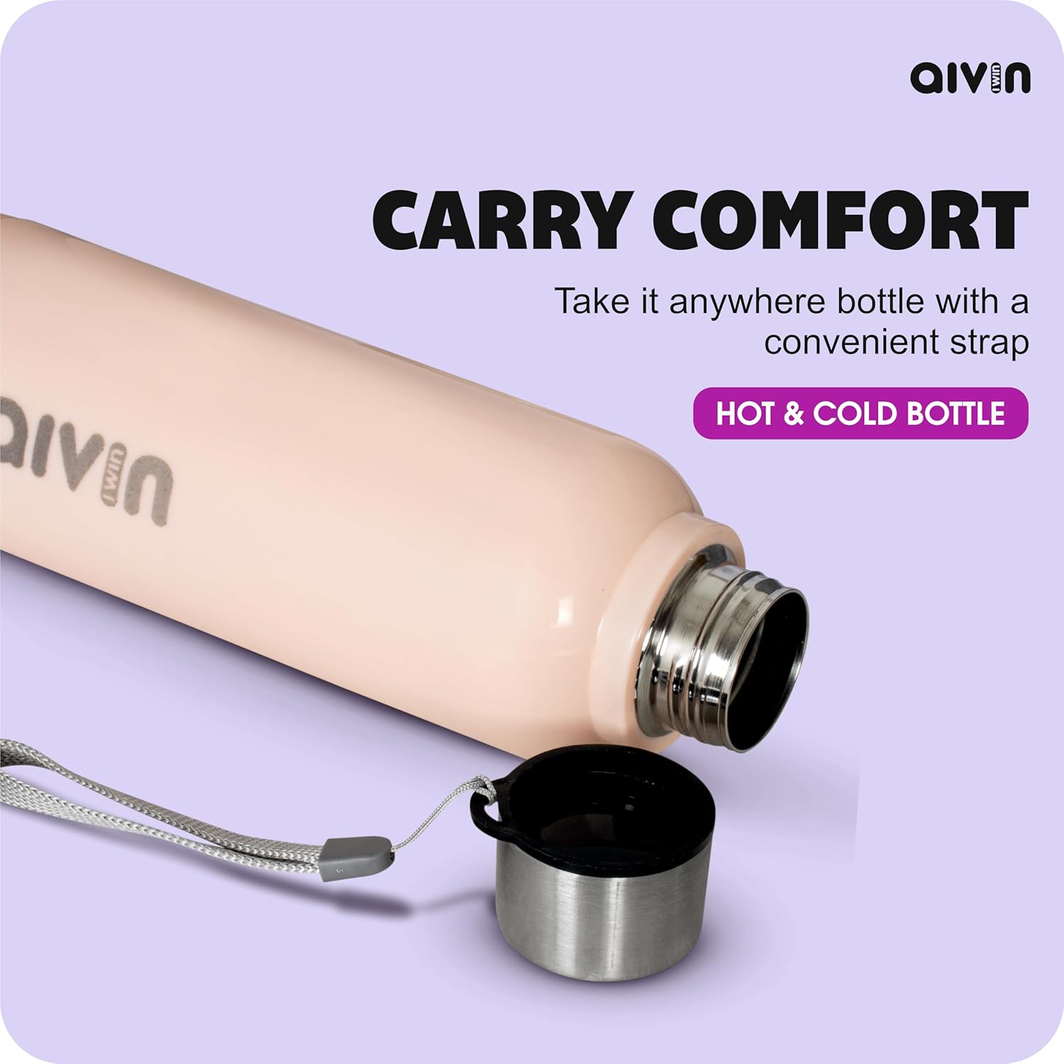 AIVIN Crystal Stainless Steel Water Bottle 750Ml, Water Bottles For Fridge, School,Gym,Home,Office,Boys, Girls, Kids, Leak Proof (Peach Colour, Steel Bottle, Set of 1, 750Ml) (Peach)