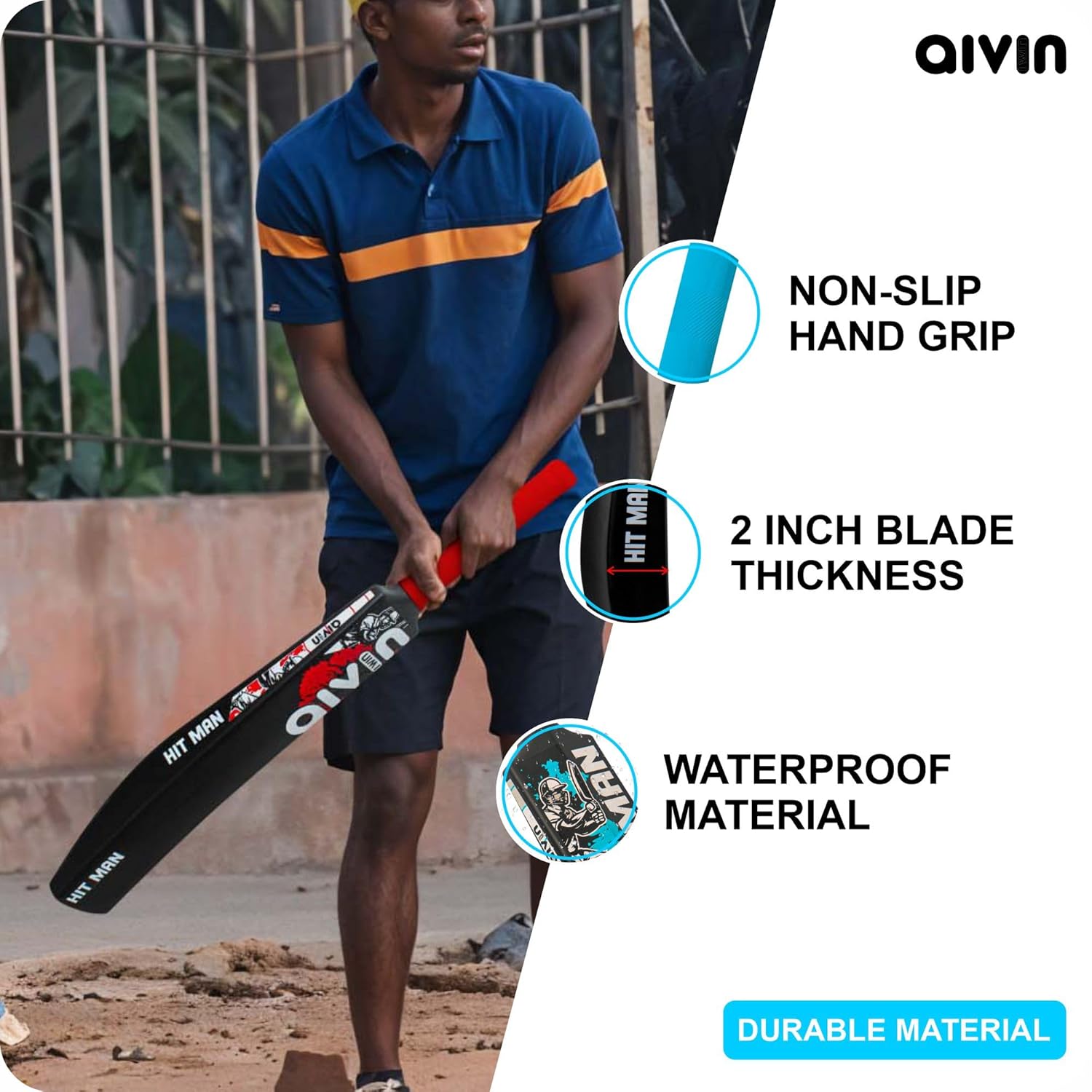Aivin HIT-MAN Heavy Duty PVCPlastic Cricket Bat, Standrad Size (34” X 4”) Premium Bat for All Age Groups – BoysGirlsAdults Heavy Duty Black Plastic Cricket Bat (BlackBlue)