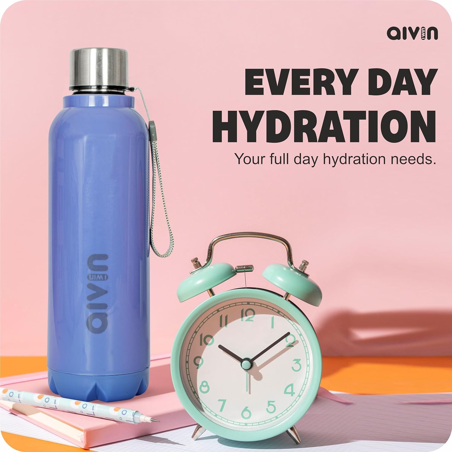 AIVIN Crystal Stainless Steel Water Bottle 750Ml, Water Bottles For Fridge, School,Gym,Home,Office,Boys, Girls, Kids, Leak Proof (Peach Colour, Steel Bottle, Set of 1, 750Ml) (Indigo Blue)
