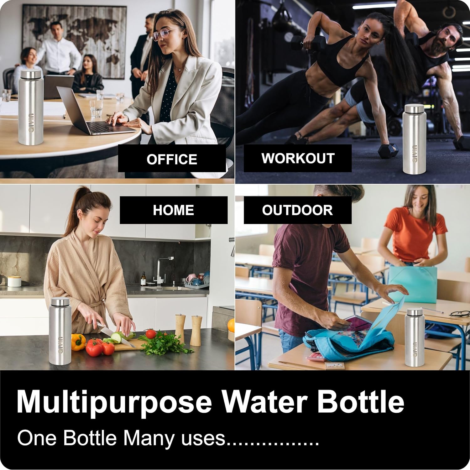 AIVIN Intense Stainless Steel Water Bottle  Leak proof & break-proof  Lid is sealed by a silicone ring  Best Usage for OfficeSchoolCollegeGymPicnicHomeFridge 1 Litre  Silver (Intense)