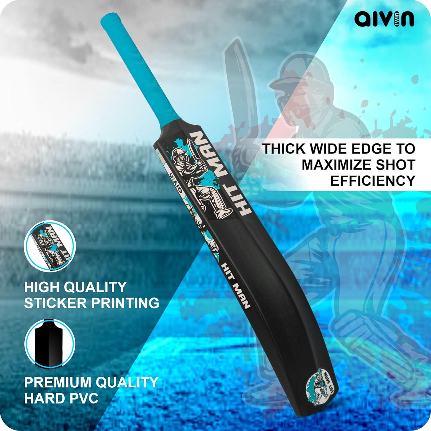 Aivin HIT-MAN Heavy Duty PVCPlastic Cricket Bat, Standrad Size (34” X 4”) Premium Bat for All Age Groups – BoysGirlsAdults Heavy Duty Black Plastic Cricket Bat (BlackBlue)