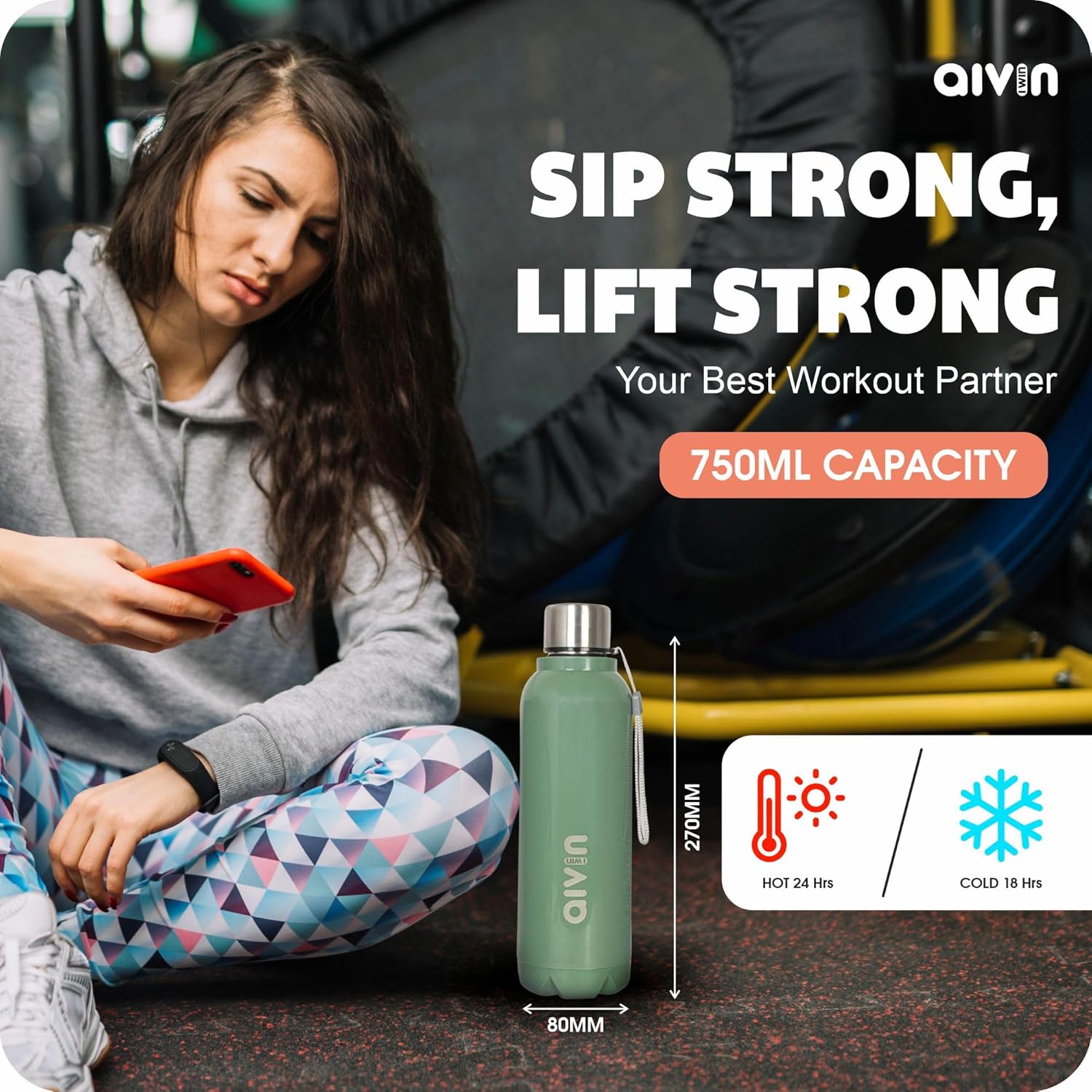 AIVIN Crystal Stainless Steel Water Bottle 750Ml, Water Bottles For Fridge, School,Gym,Home,Office,Boys, Girls, Kids, Leak Proof (Peach Colour, Steel Bottle, Set of 1, 750Ml) (Ocean Green)