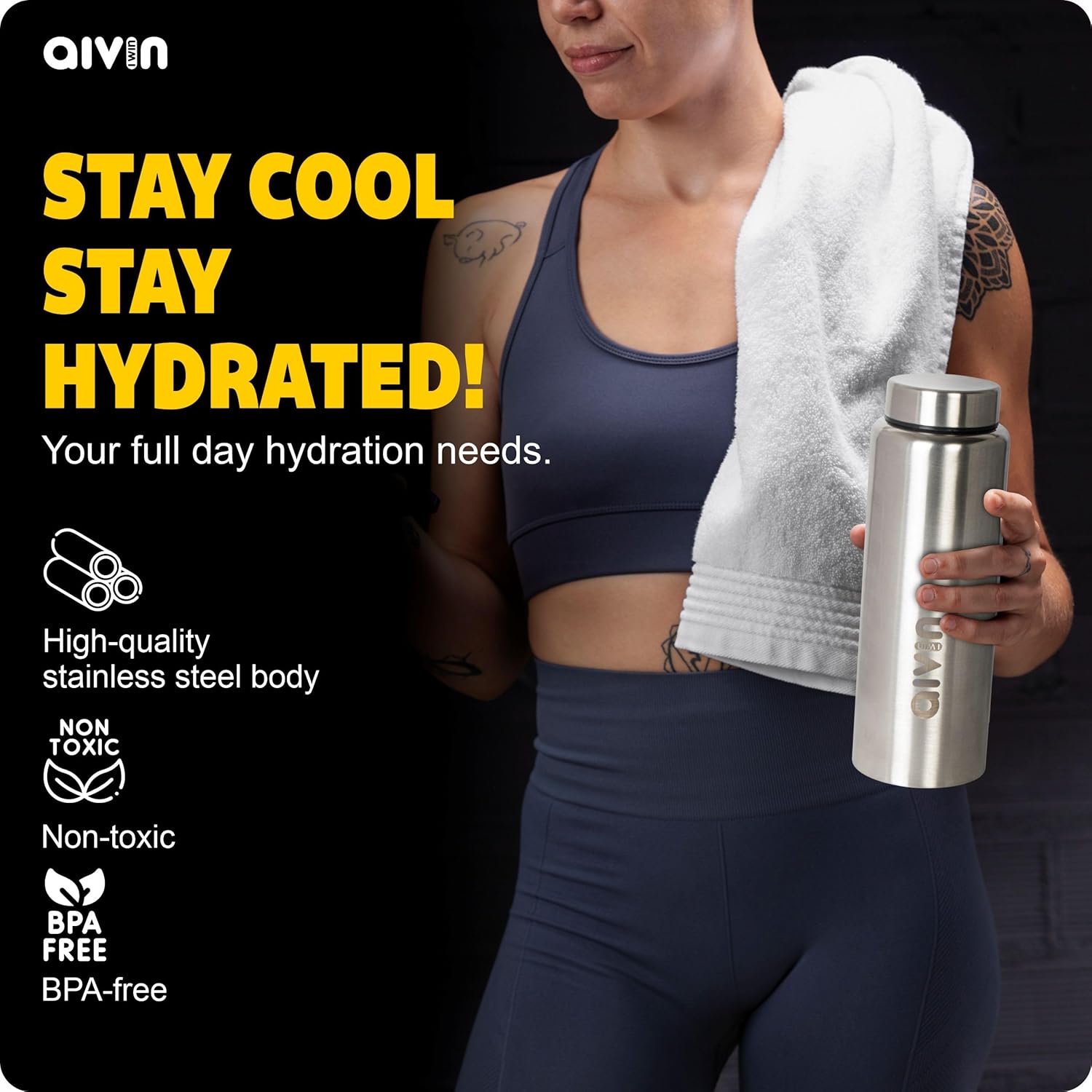 AIVIN Intense Stainless Steel Water Bottle  Leak proof & break-proof  Lid is sealed by a silicone ring  Best Usage for OfficeSchoolCollegeGymPicnicHomeFridge 1 Litre  Silver (Intense)
