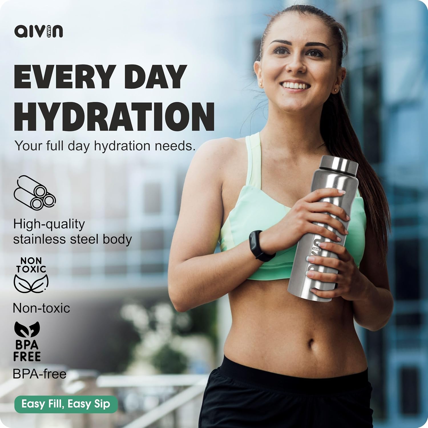 AIVIN Iceland Stainless Steel Water Bottle  Leak proof & break-proof  Lid is sealed by a silicone ring  Best Usage for OfficeSchoolCollegeGymPicnicHomeFridge 1 Litre  Silver (Iceland)