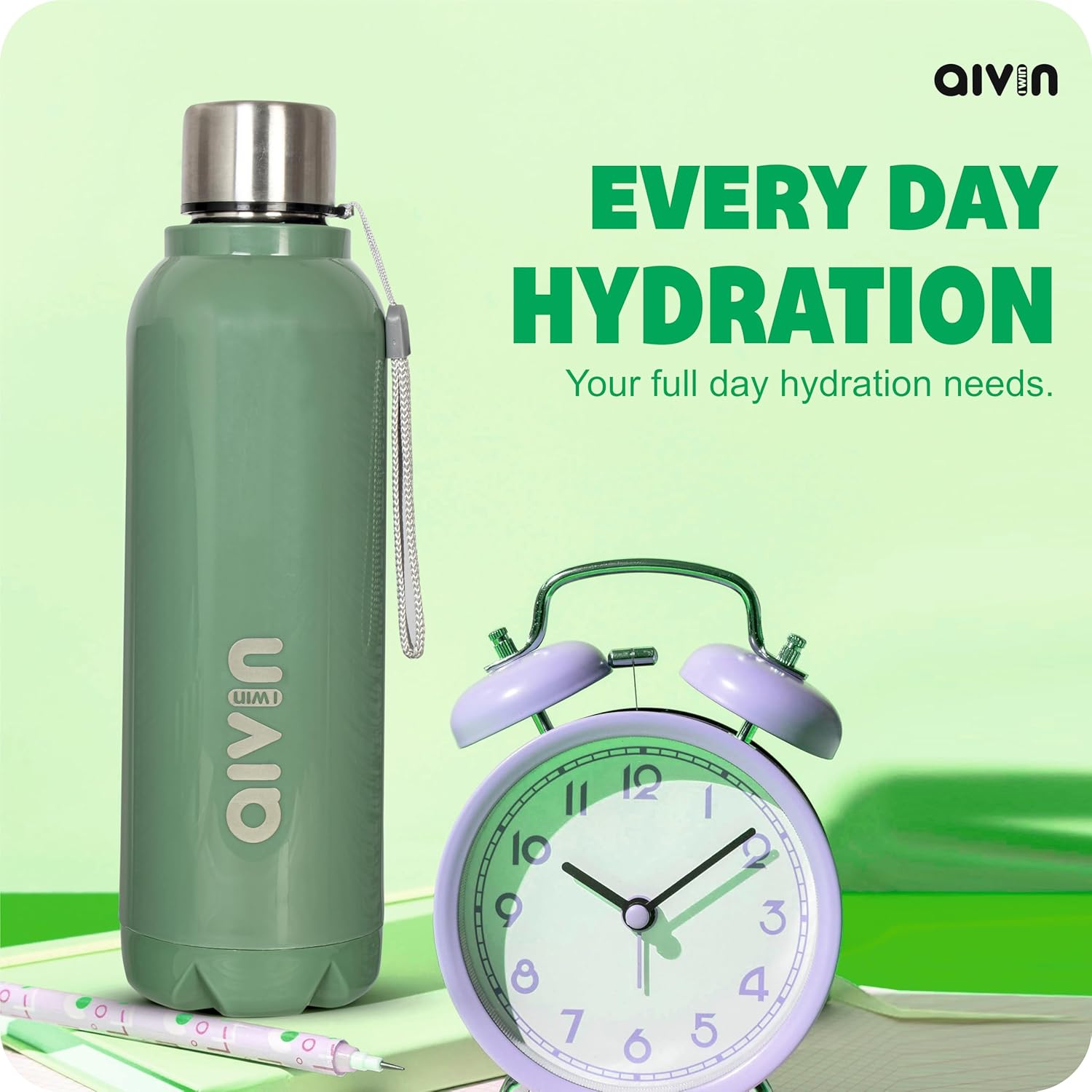 AIVIN Crystal Stainless Steel Water Bottle 750Ml, Water Bottles For Fridge, School,Gym,Home,Office,Boys, Girls, Kids, Leak Proof (Peach Colour, Steel Bottle, Set of 1, 750Ml) (Ocean Green)