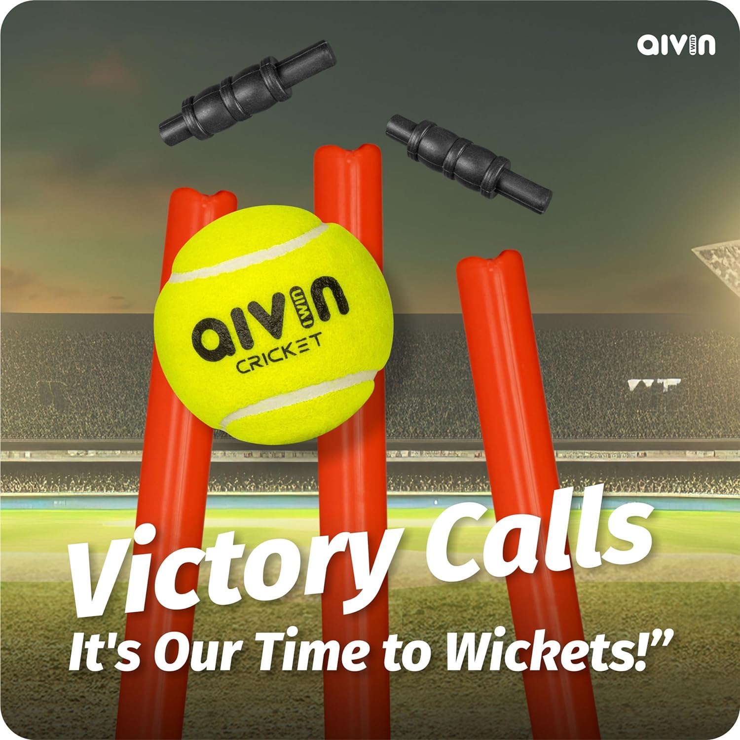 Aivin Bowled Cricket Stumps Set (3 Stumps + 2 Bails + 1 Stand) (Red)