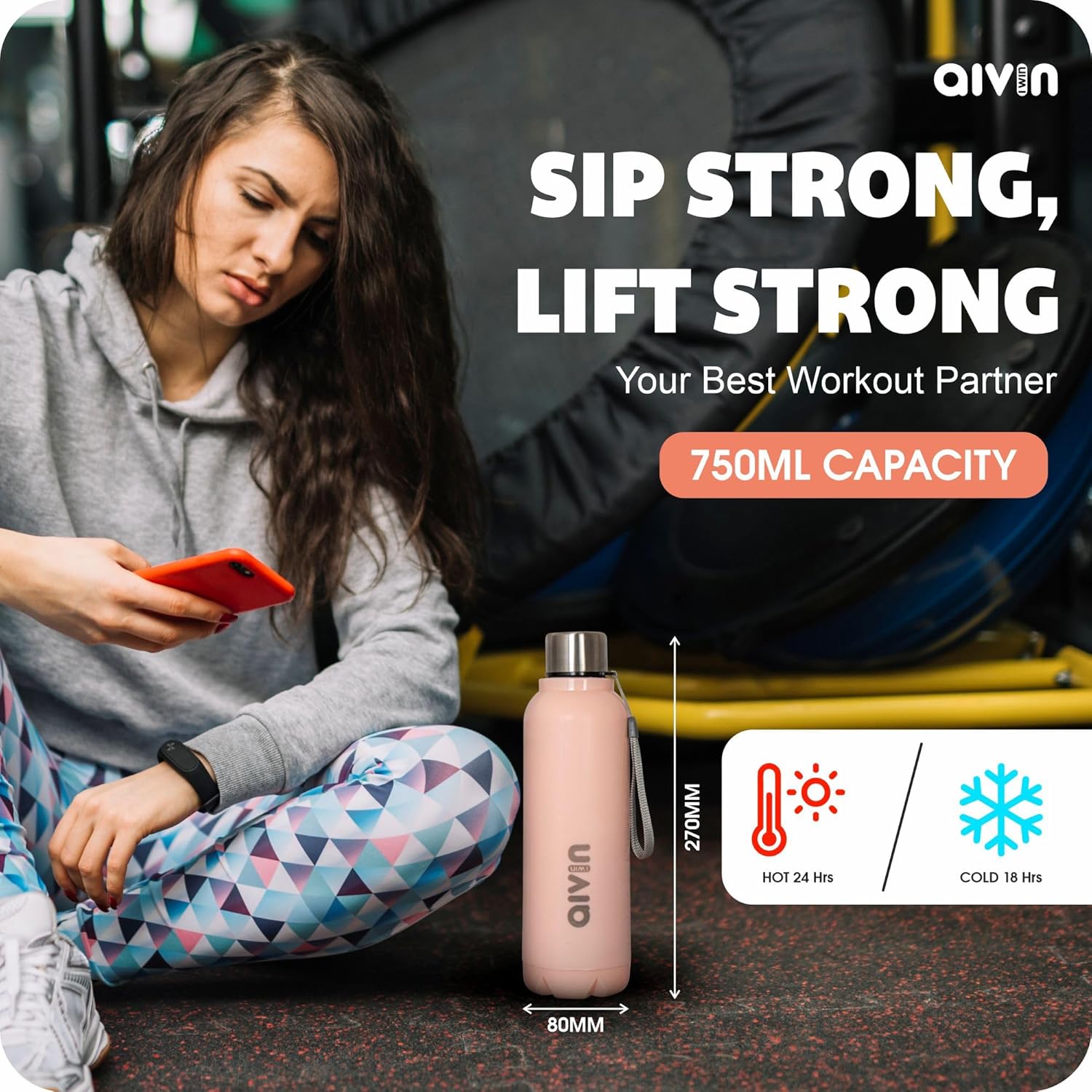 AIVIN Crystal Stainless Steel Water Bottle 750Ml, Water Bottles For Fridge, School,Gym,Home,Office,Boys, Girls, Kids, Leak Proof (Peach Colour, Steel Bottle, Set of 1, 750Ml) (Peach)