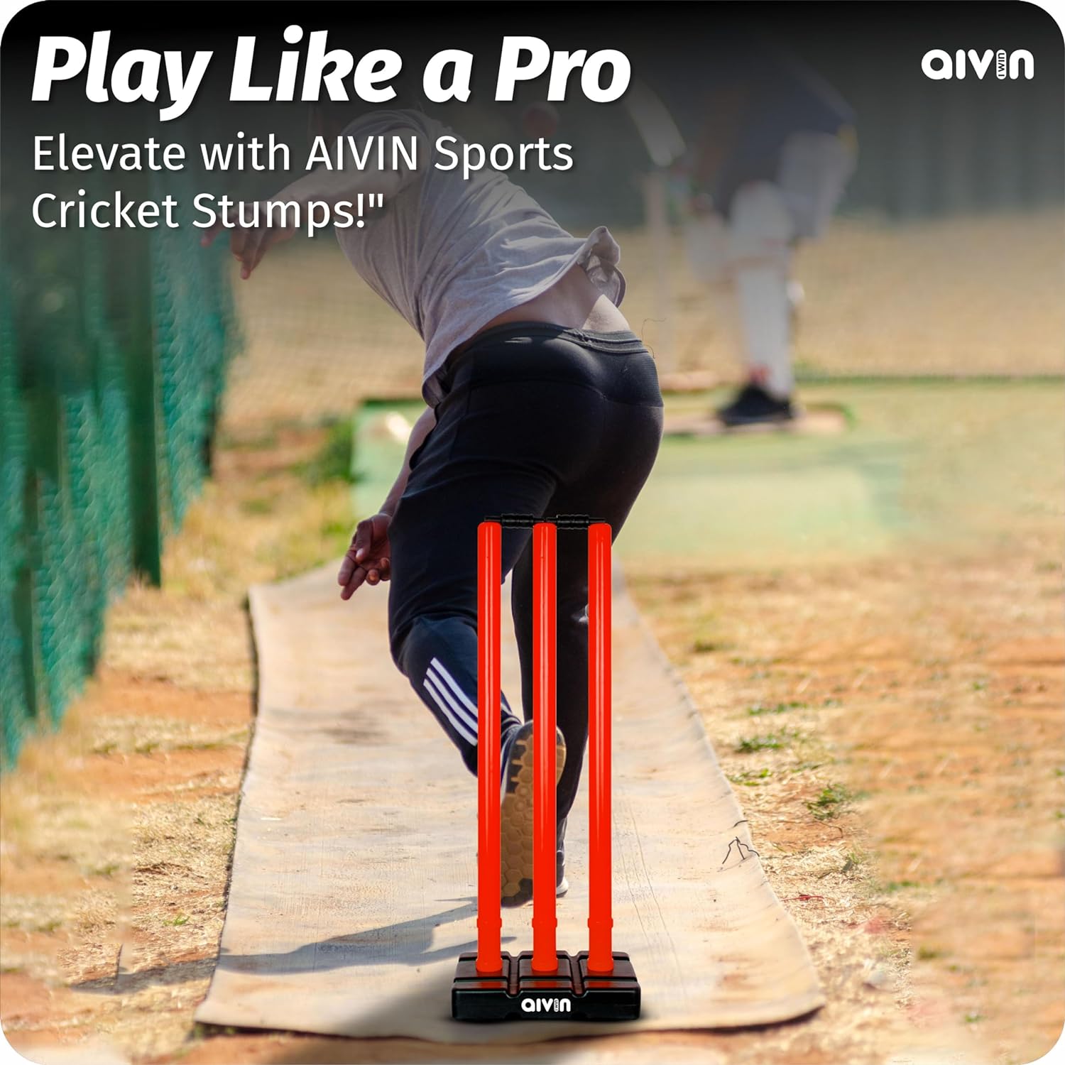 Aivin Bowled Cricket Stumps Set (3 Stumps + 2 Bails + 1 Stand) (Red)