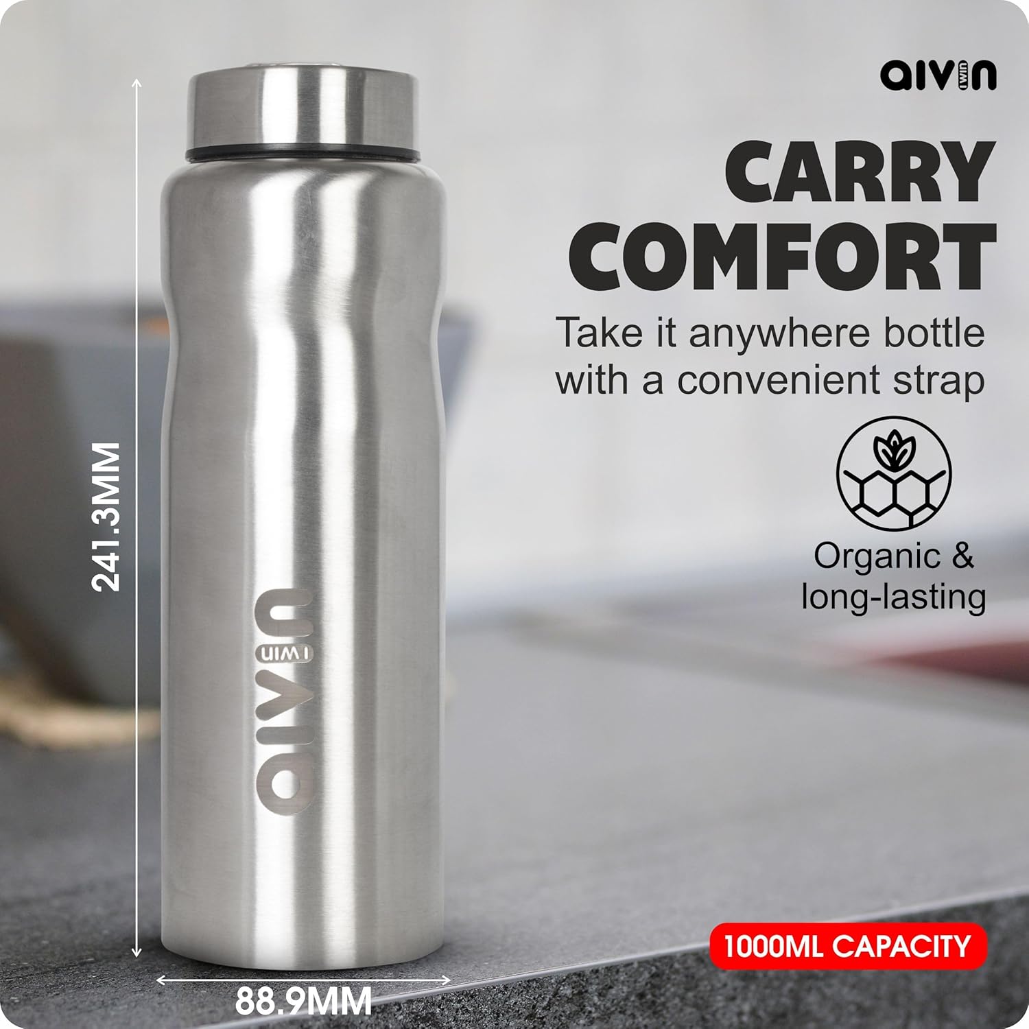 AIVIN Iceland Stainless Steel Water Bottle  Leak proof & break-proof  Lid is sealed by a silicone ring  Best Usage for OfficeSchoolCollegeGymPicnicHomeFridge 1 Litre  Silver (Iceland)