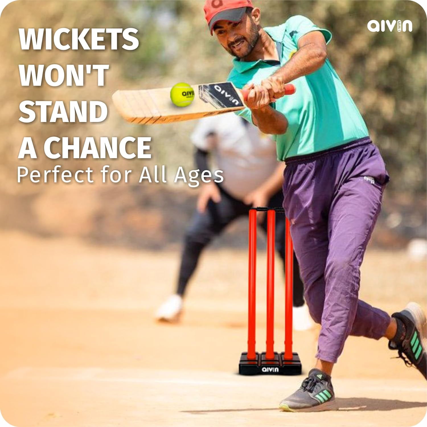 Aivin Bowled Cricket Stumps Set (3 Stumps + 2 Bails + 1 Stand) (Red)