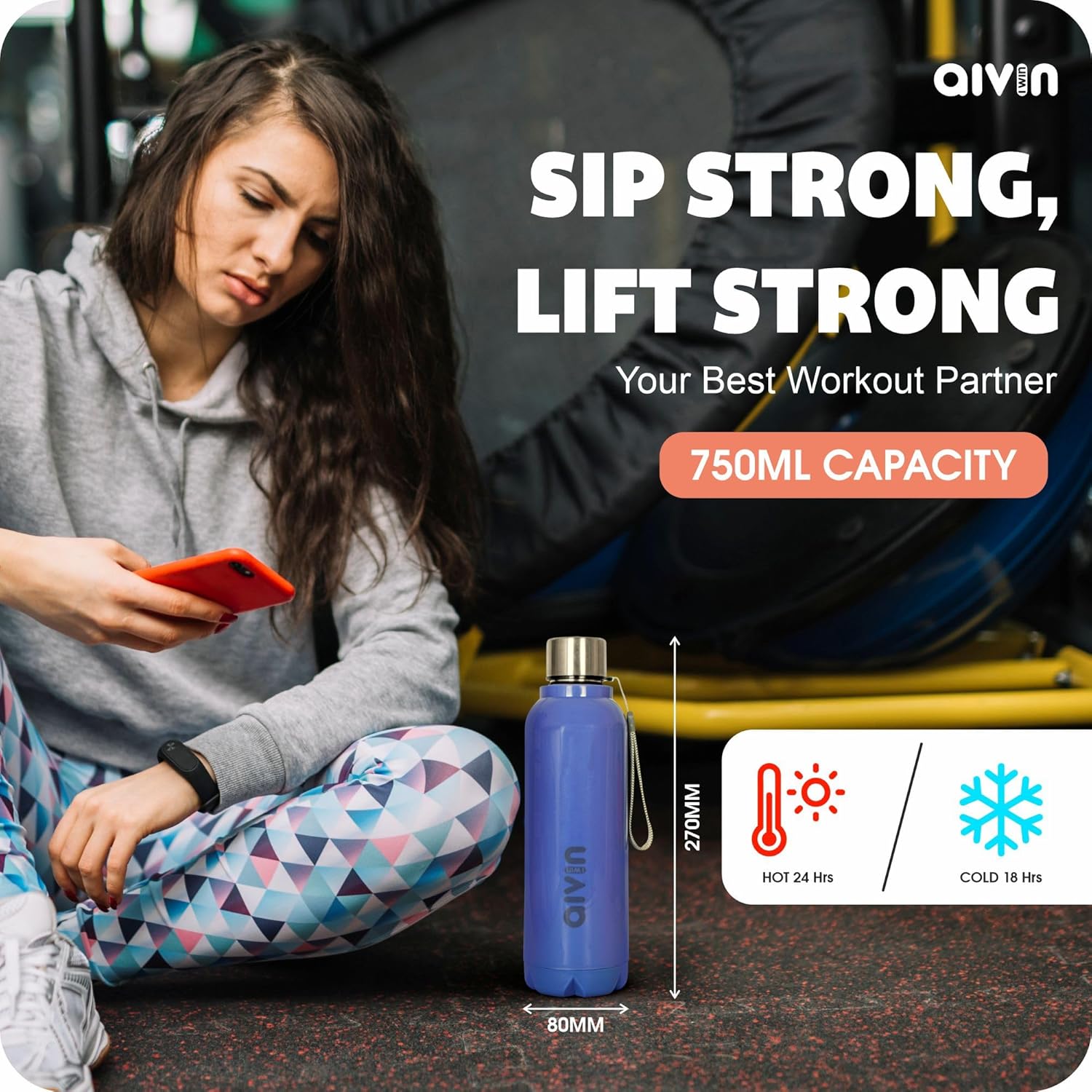 AIVIN Crystal Stainless Steel Water Bottle 750Ml, Water Bottles For Fridge, School,Gym,Home,Office,Boys, Girls, Kids, Leak Proof (Peach Colour, Steel Bottle, Set of 1, 750Ml) (Indigo Blue)