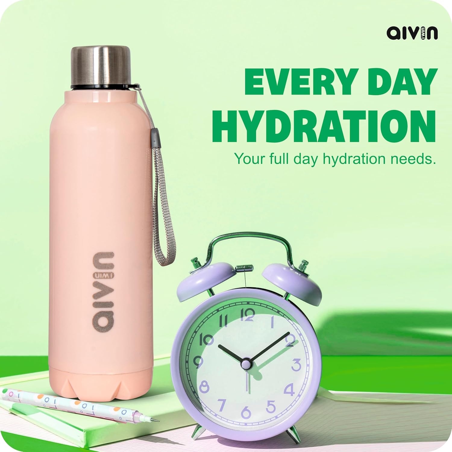 AIVIN Crystal Stainless Steel Water Bottle 750Ml, Water Bottles For Fridge, School,Gym,Home,Office,Boys, Girls, Kids, Leak Proof (Peach Colour, Steel Bottle, Set of 1, 750Ml) (Peach)