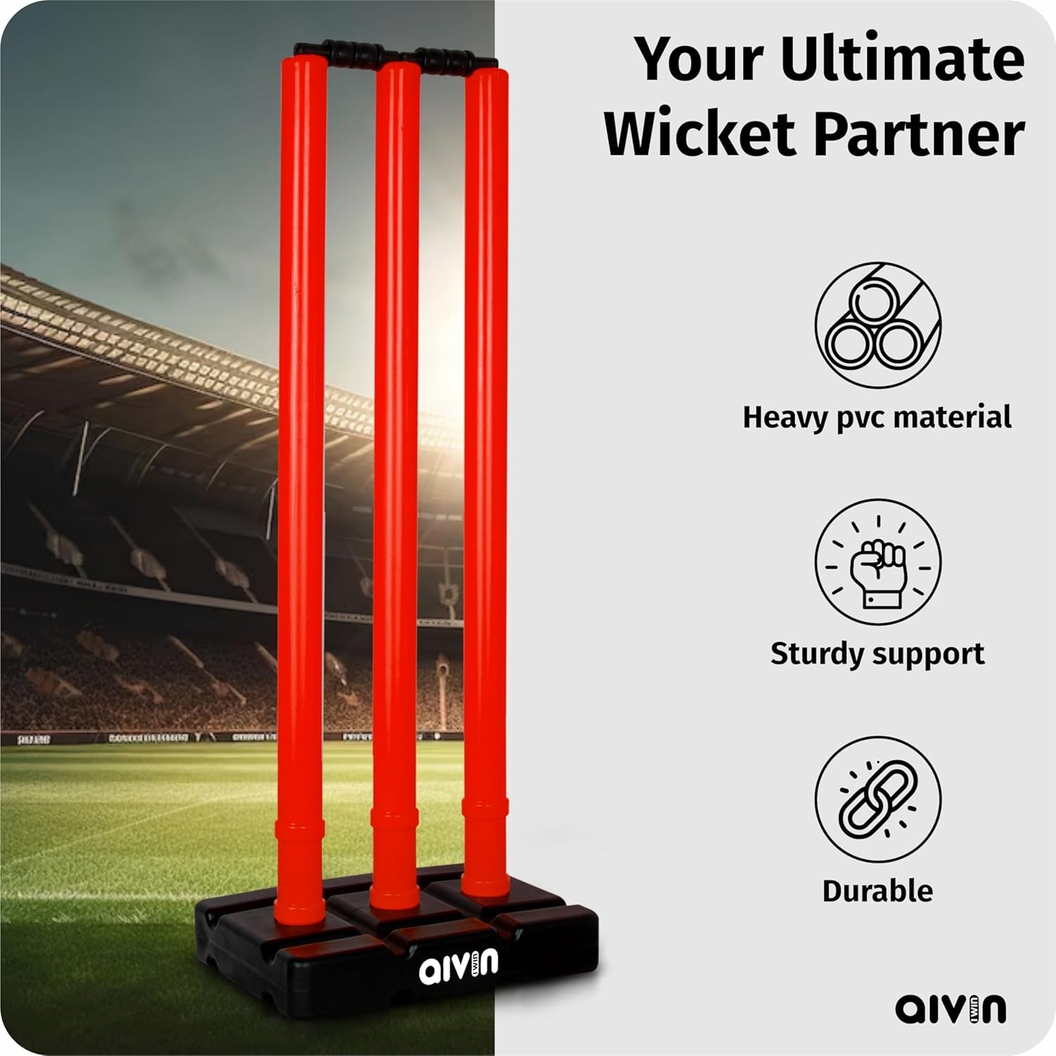 Aivin Bowled Cricket Stumps Set (3 Stumps + 2 Bails + 1 Stand) (Red)