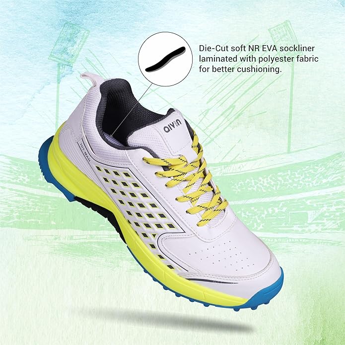 Aivin Hit-Man CRICKET SHOES for MEN, SPORTS SHOES,Rubber Stud Outsole with Mesh, CRICKET SHOES,Advanced Durable and Flexible EVA, White/Yellow