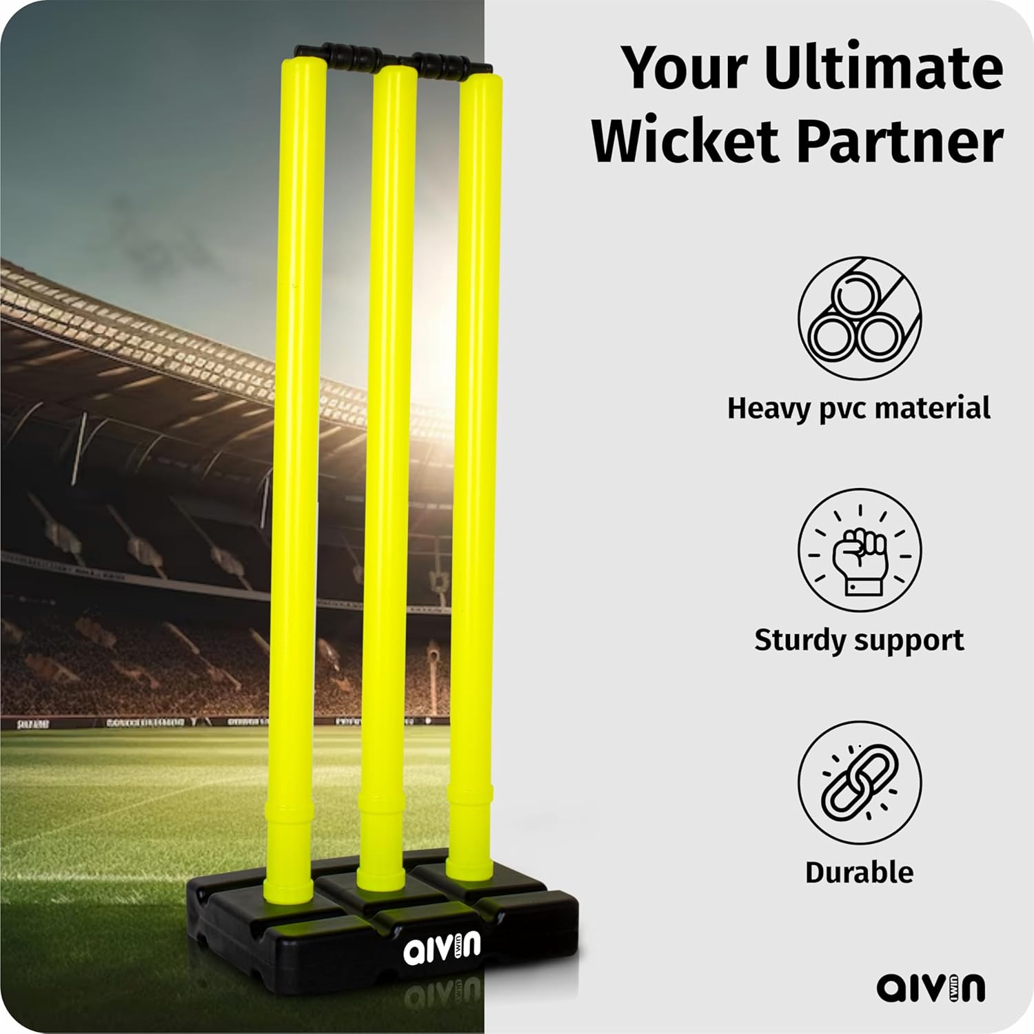 Aivin Bowled Cricket Stumps Set (3 Stumps + 2 Bails + 1 Stand) L. Yellow (L Yellow)