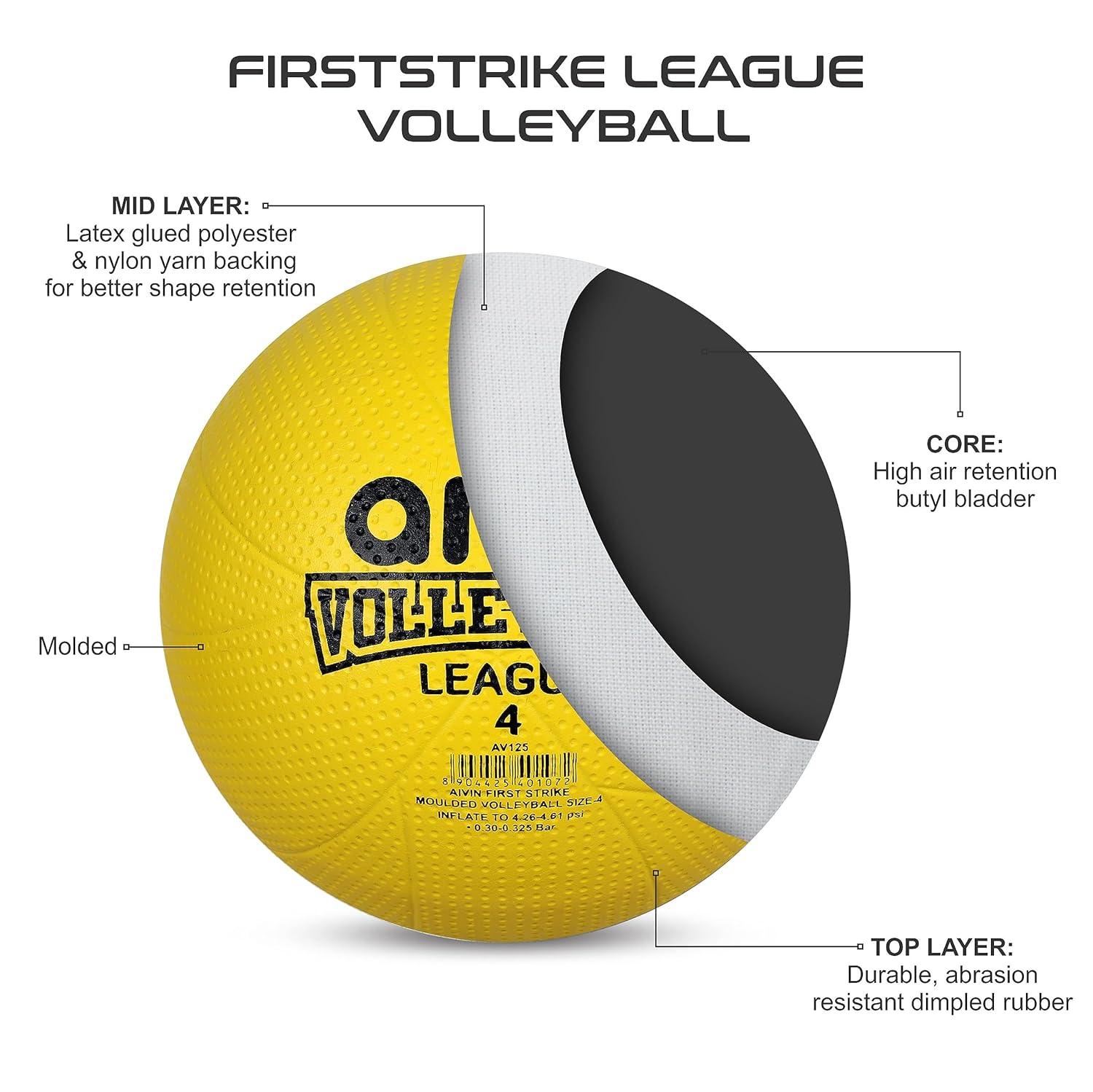 AIVIN First-Strike League Volleyball, Moulded Volleyball Games, Match Ball, Training Ball, Indoor, Outdoor Ball, Durable for Practice, Water Resistant and Suitable for All Surface, (Yellow) Size-4