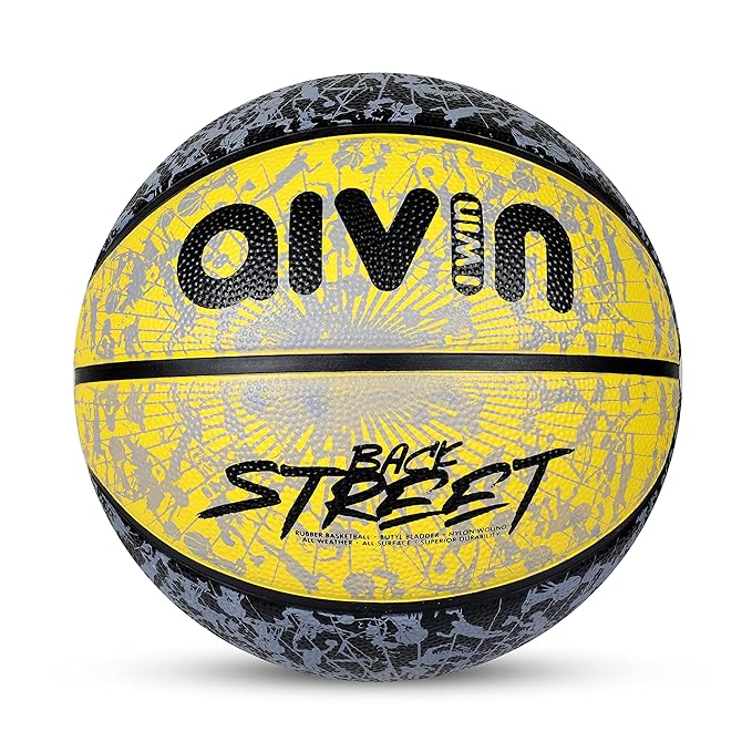 AIVIN Back Street Basketball, Rubberized Moulded Basketball Game, for Match, Training, Outdoor Ball, Durable for Practice, Suitable for All Surface, 8 Panel, Material-Rubber (Yellow/Black) Size 7