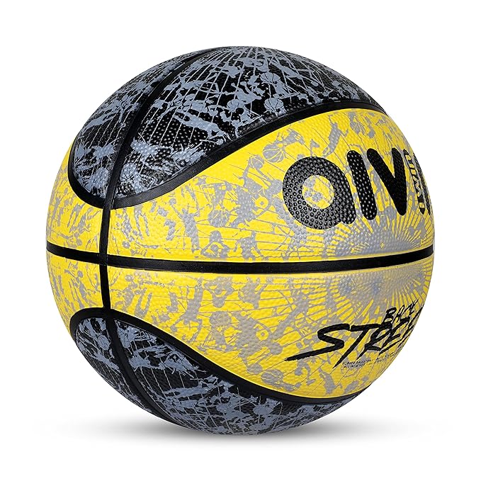 AIVIN Back Street Basketball, Rubberized Moulded Basketball Game, for Match, Training, Outdoor Ball, Durable for Practice, Suitable for All Surface, 8 Panel, Material-Rubber (Yellow/Black) Size 7