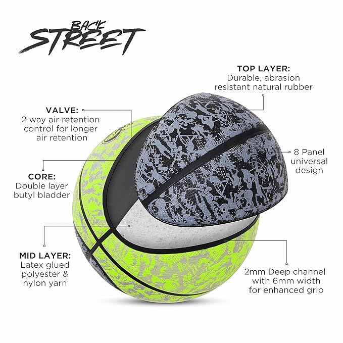 AIVIN Back Street Basketball, Rubberized Moulded Basketball Game, for Match, Training, Outdoor Ball, Durable for Practice, Suitable for All Surface, 8 Panel, Material-Rubber (Yellow/Black) Size 7